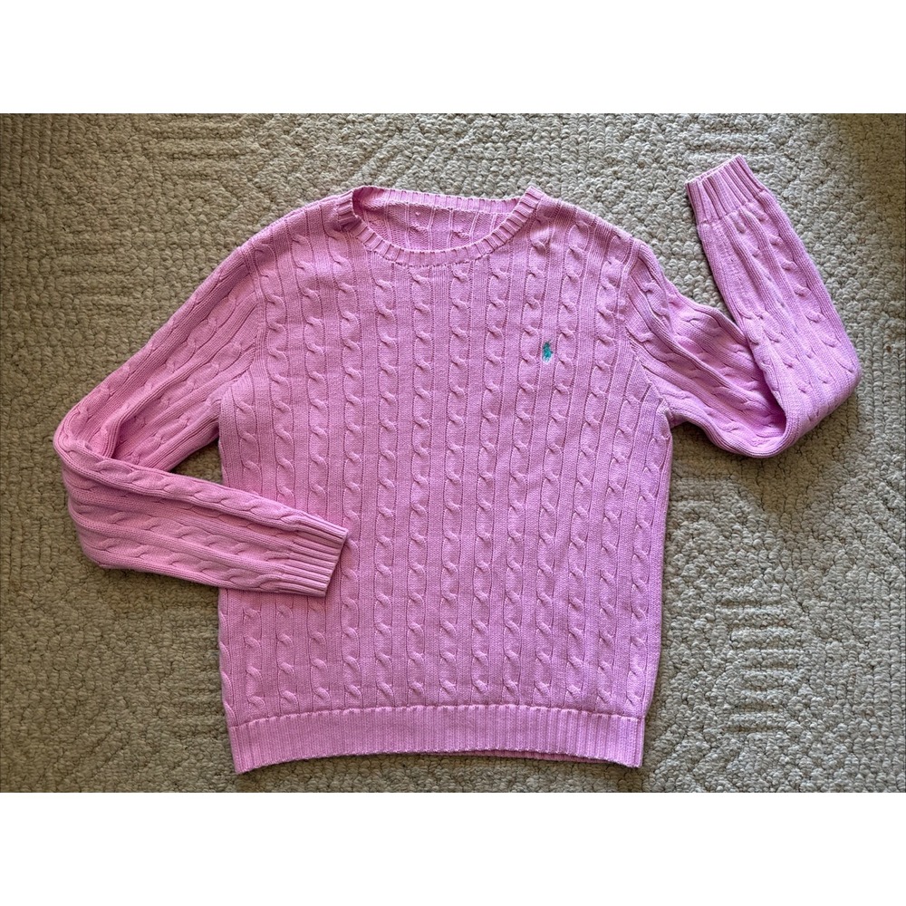 Vintage 100% Cotton Ralph Lauren Pink Cable Knit Sweater L Teal Embroidered Logo